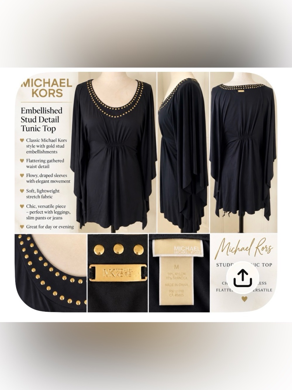 Michael Kors Black Tunic Top with Gold Stud Embellishments